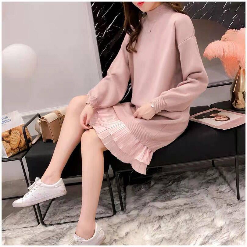 Pofulove Women Winter Sweater Dress Long Section Turtleneck Ruffles Lace Knitted Skirt Pullover