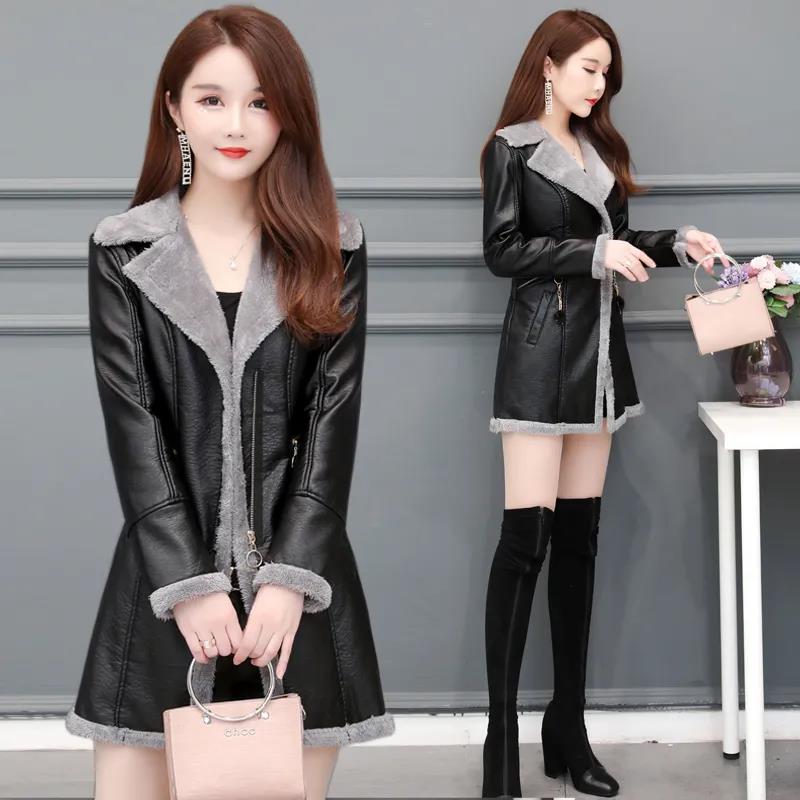 Winter Women's Leather Fashion Fur Coat Lamb Fur Coat Plus Velvet Thickening Medium Long Large Size Leather Coat