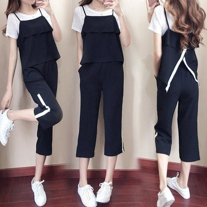 Ladies Suit Three-piece Suit Suspenders Short-sleeved T-shirt Casual Pants Ladies Outdoor Leisure Suit Cotton Fabric Absorbent and Breathable