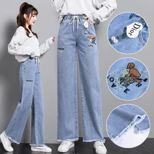 Spring New Wide Leg Pants Female Junior High School High School Students Large Size Jeans Loose All-match Large Size High Waist Straight Pants