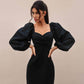 Pofulove Women Retro V-neck Long Sleeve Dress Sexy Slim Long Dress Over Knee Solid Color Hip Dresses