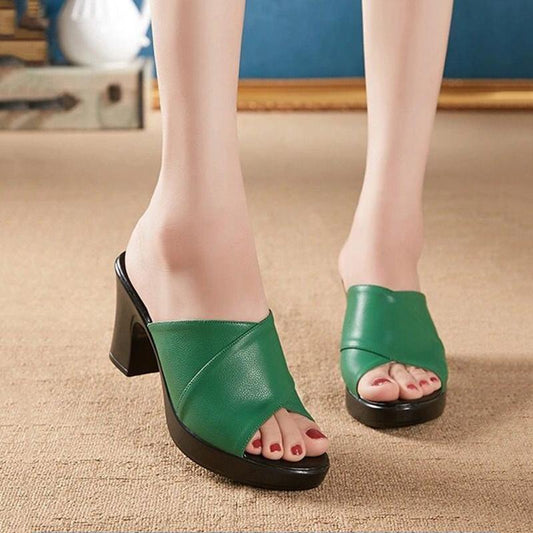 Soft Leather Sandals and Slippers Women Wear High-heeled Summer Non-slip Thick-heeled Large-sized High-heeled Slippers