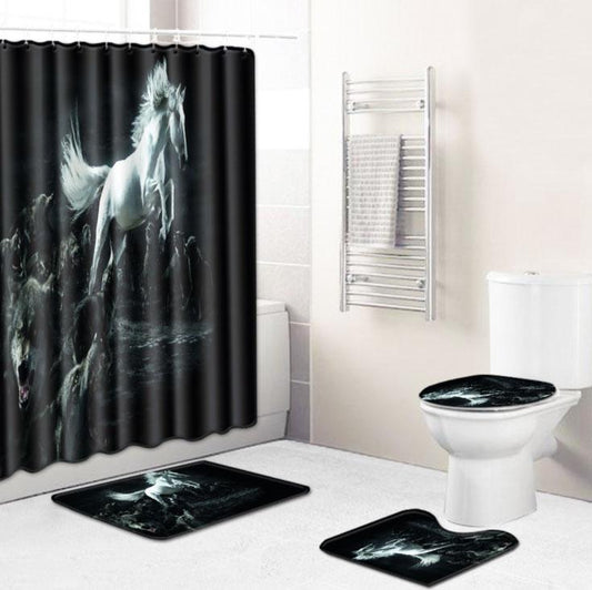 Animal Horse Bathroom Floor Mat Combination Four-piece Set Toilet Toilet Carpet Shower Curtain Foot Pad 4 Pieces