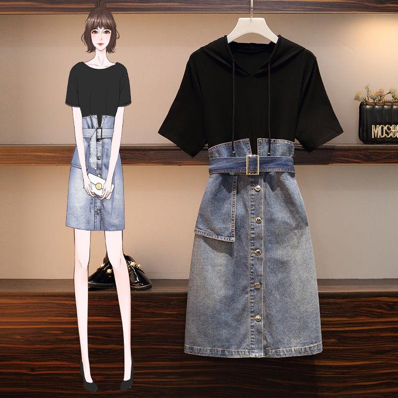 Plus Size Dress Summer Women Denim Stitching Dress Midi Short-sleeve Hooded Dress with Belt