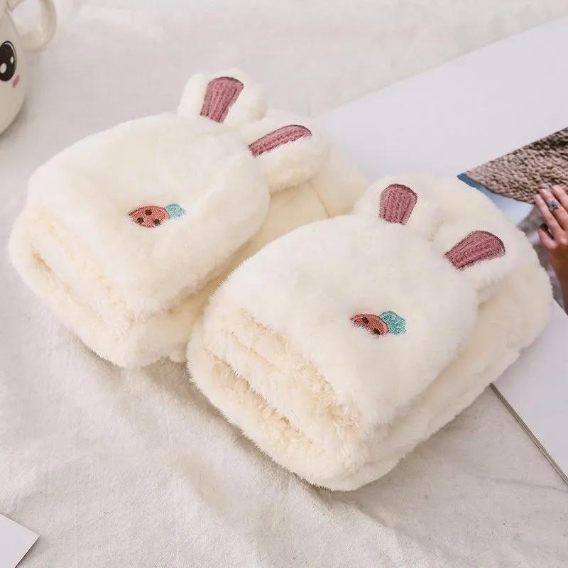 Cute Girl Winter Gloves Korean Student Warm Cute Rabbit Flip Open Finger Plush Plus Velvet Gloves