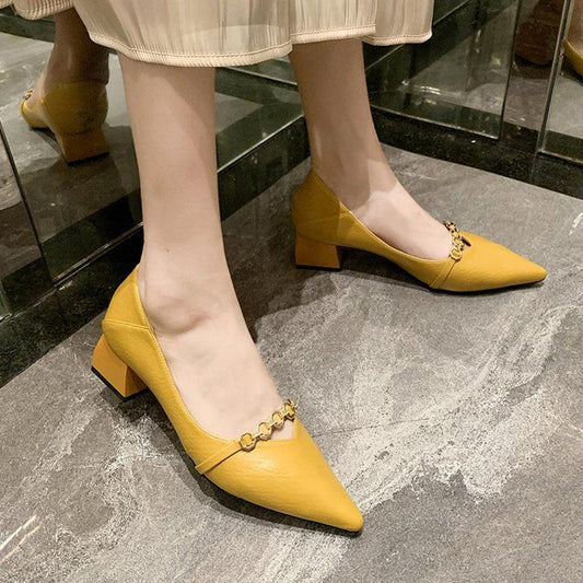 Ladies High-heeled Leather Shoes Slip-in Style Pointed-toe Women's Shoes Mid-heel Thick-heeled Pumps Retro Style Thick-heeled Soft Leather Shoes