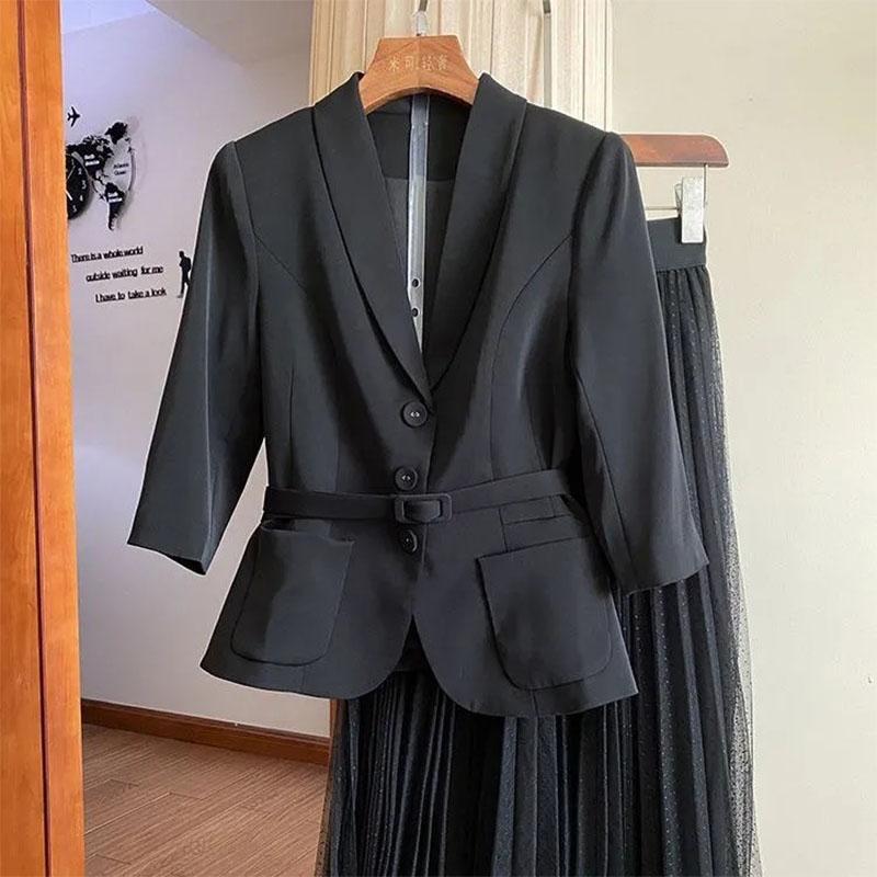 2PCS Ladies Summer Thin Coat Shirt + A-line Skirt Two-piece Suit Women's Casual Slimming Belly Cover Suit