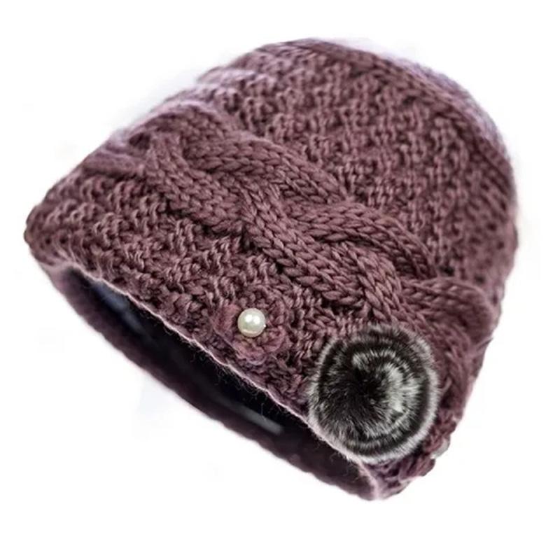 Women's Autumn and Winter Vintage Hat Mother Knitting Wool Thickening Plus Velvet Padded Warm Hat Handmade Knitted Floral Retro Cold-resistant Cap