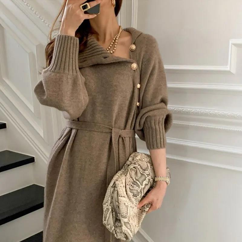 Women Autumn and Winter French Warm  Elegant Long-sleeved Lace-up Sweater Base Dress