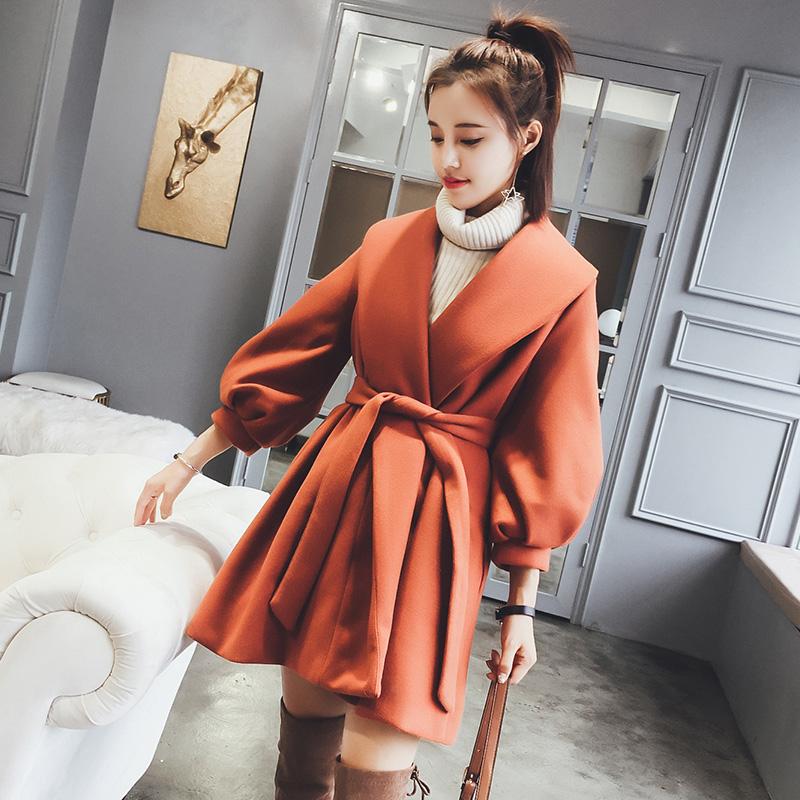 Winter Korean Mid-length Woolen Trench Coat Jacket Spring Lantern Sleeve Harajuku Women's Woolen Coat