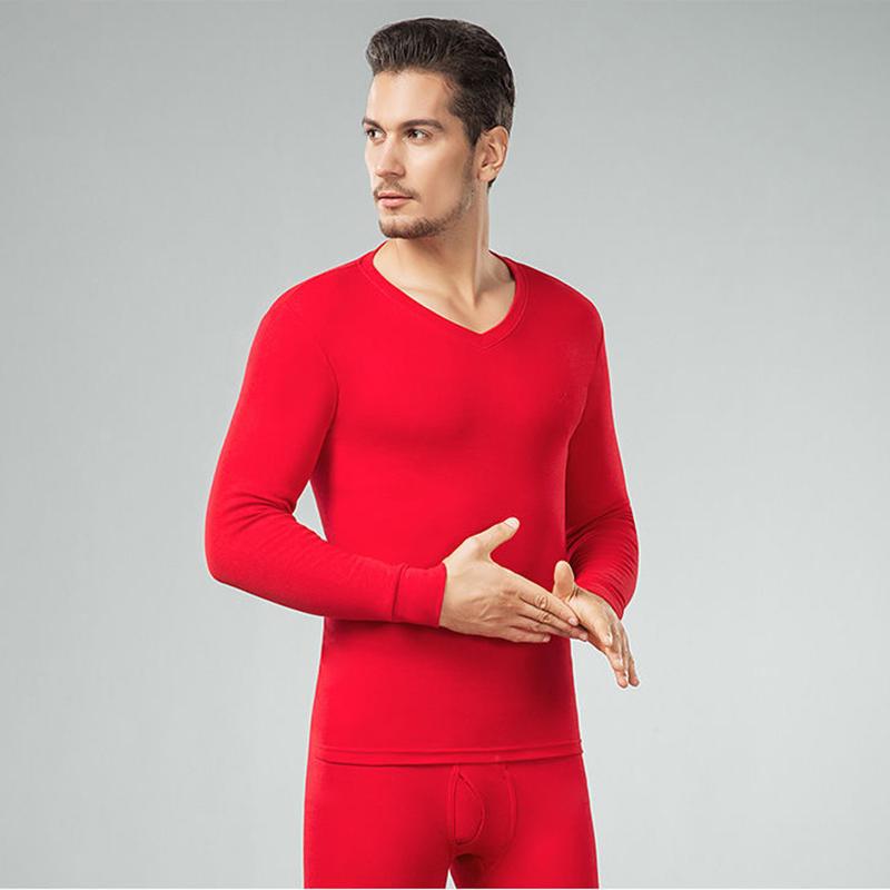 Men Winter Autumn Thicken Thermal Underwear Tight Suit High Elasticity Wearable Comfortable Versatile Soft Lining V-neck Pajamas Spring Long Sleeve