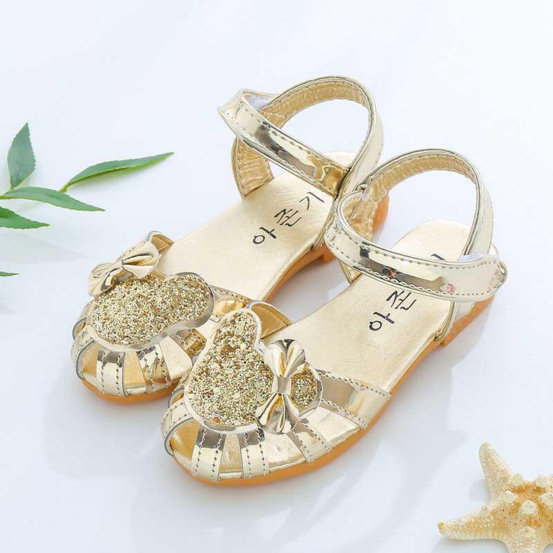 Summer Girls Flat Sandals Flash Children Girls High Heels Bow Leather Shoes Kids Dance Shoes Princess Wear-resistant Non-slip Sandals Size 21-36