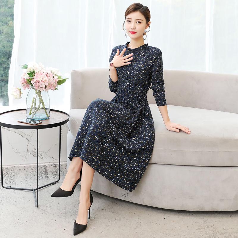 Floral cotton and linen retro printed long-sleeved dress women's ethnic skirt loose loose