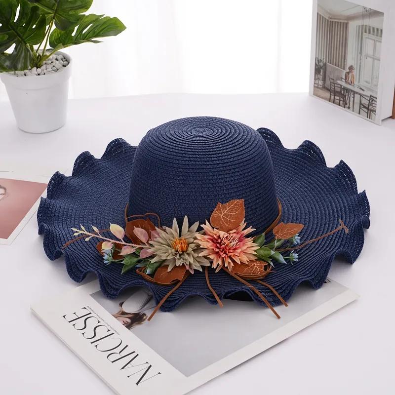 Women's Summer Flower Straw Hat Beach Foldable Sunscreen Sun Cap Anti-UV Sunshade Big Edge Vacation Cap