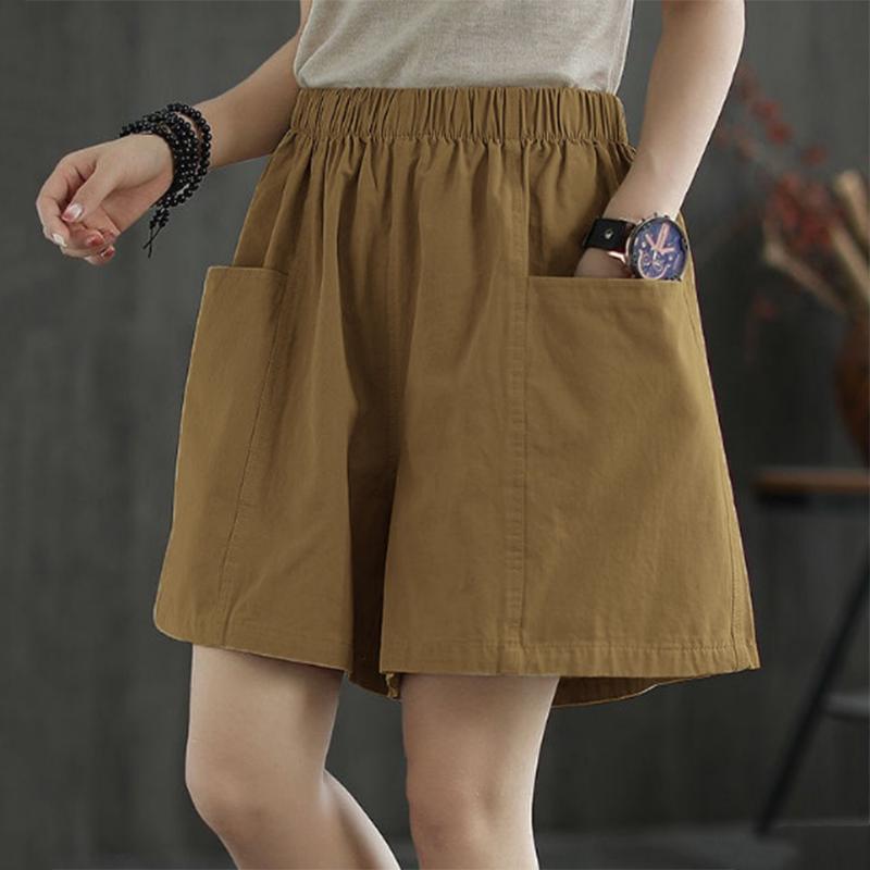 Cotton Shorts Women Loose High Waist Wide Leg Summer Straight Casual Cool Comfortable Elastic Waist Big Pocket Pure Color Simplicity