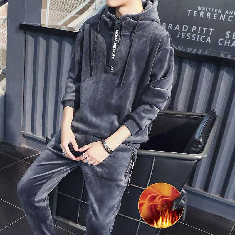 Gold Velvet Men's Sweater Suit Winter Fashion Hooded Plus Velvet Thick Korean Casual Sports Jacket