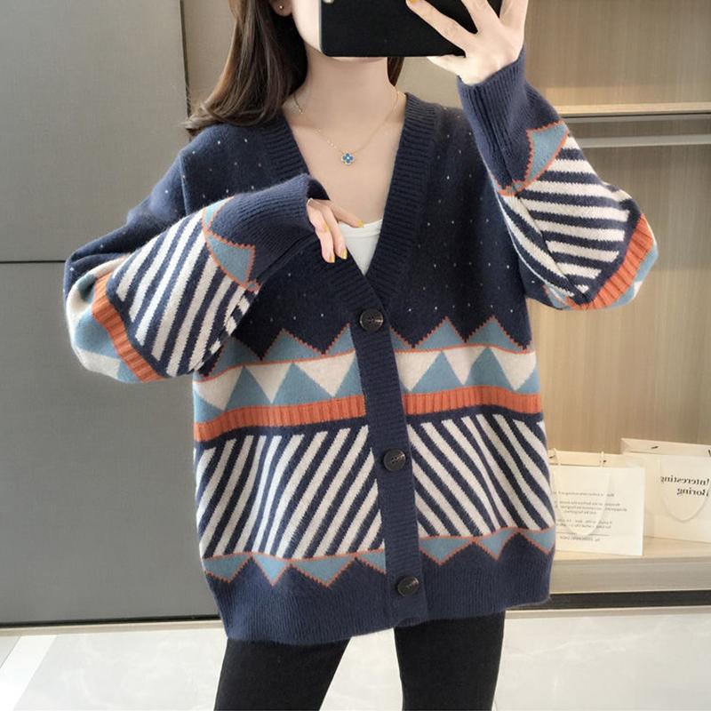 2021 Spring and Autumn Sweater Cardigan Jacket Women's Knitwear Loose Outer Wear Color Blocking V-neck Top