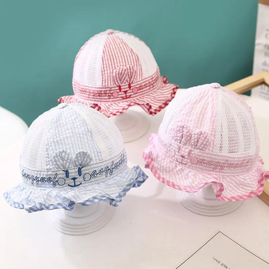 0-7M Infant Baby Spring and Summer Cotton Cap Rabbit Ear Plaid Boy and Girl Baby Newborn Sun Hat Windproof Hat Fisherman Hat