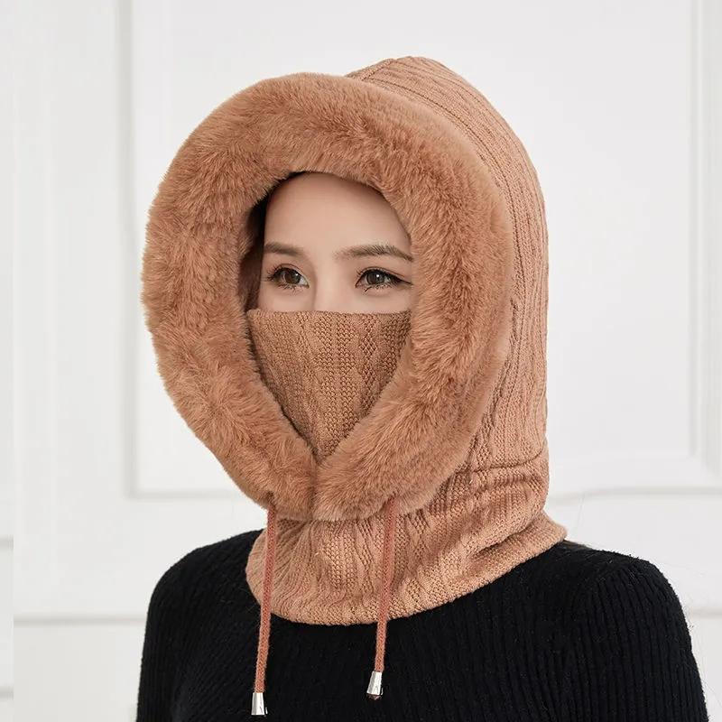 Women's Hat Plus Velvet Thick Warm Windproof Hood Ear Neck Protection Knitted Hat Woolen Cap Winter One-piece Cap Scarf Set