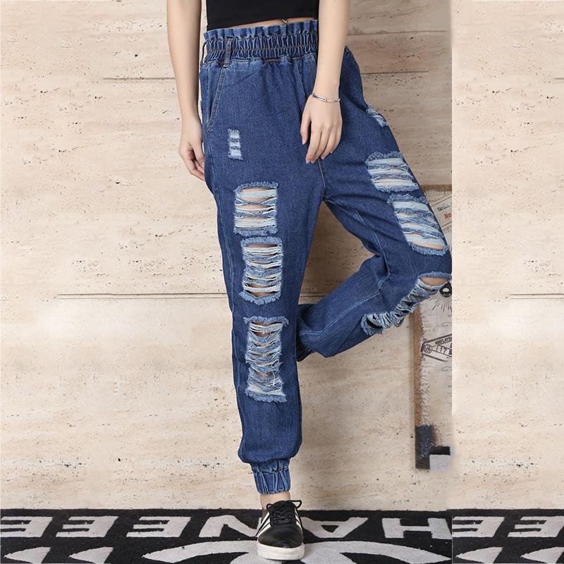 WTEMPO Women's Jeans Harem Pants Elastic Waist White Black Blue Ripped Jeans Women's Spring and Summer Cropped Pants Loose Trousers