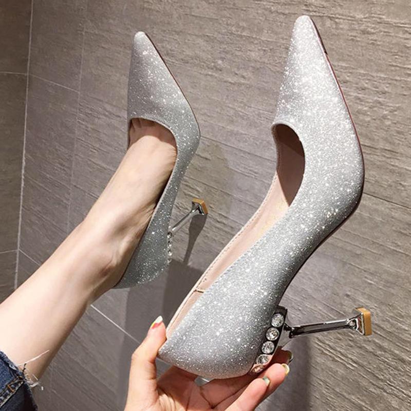 Wedding Shoes Women Crystal High Heels Women Stiletto Pointed Toe Sequins French Girl Single Shoes Bridal Shoes