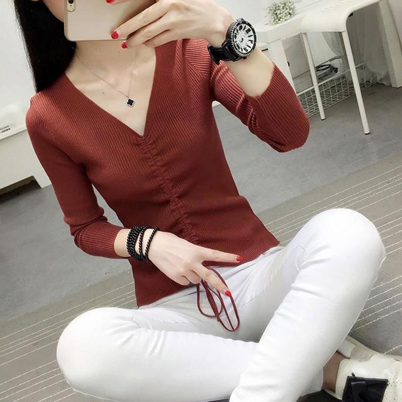 All-match Autumn and Winter V-neck Woolen Sweater Slim Slimming Long-sleeved Knitted Bottoming Shirt Top Pullover Sweater Women