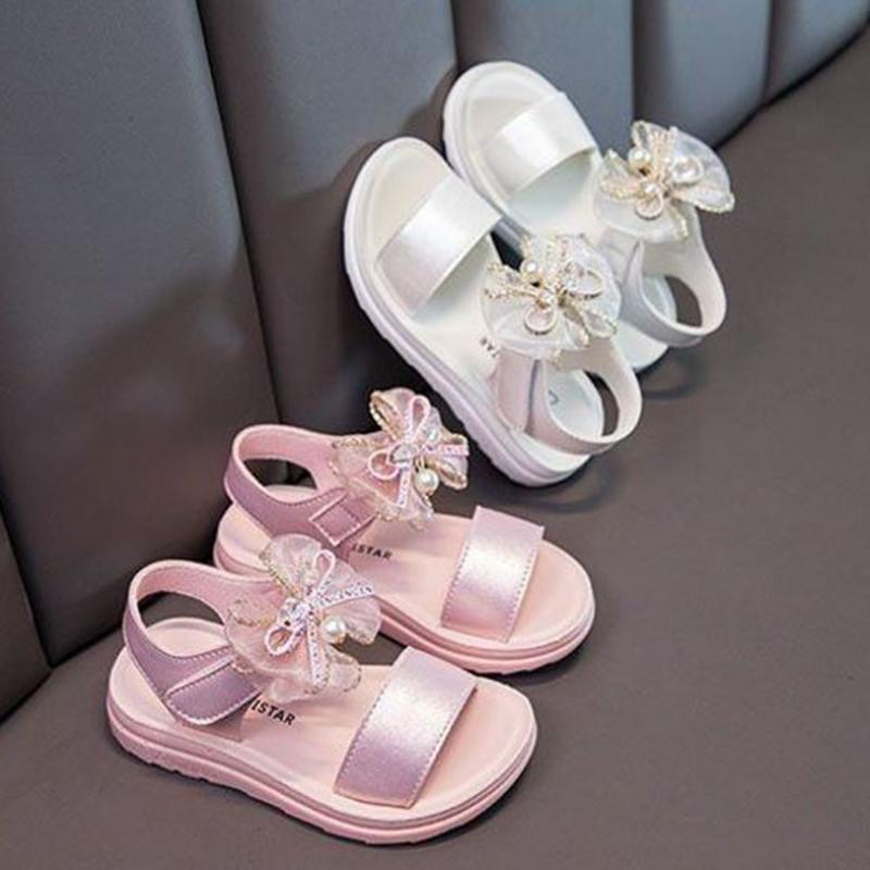 Girls Sandals Summer Bowknot Open Toe Breathable Princess Shoes Korean Children's Soft Bottom Non-slip