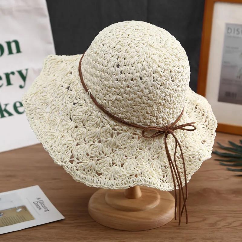 Hollow Out Straw Bow Hat Women's Summer Sunscreen Hat Foldable Vacation Beach Hat Crochet Fisherman Hat All Match Sun Hat