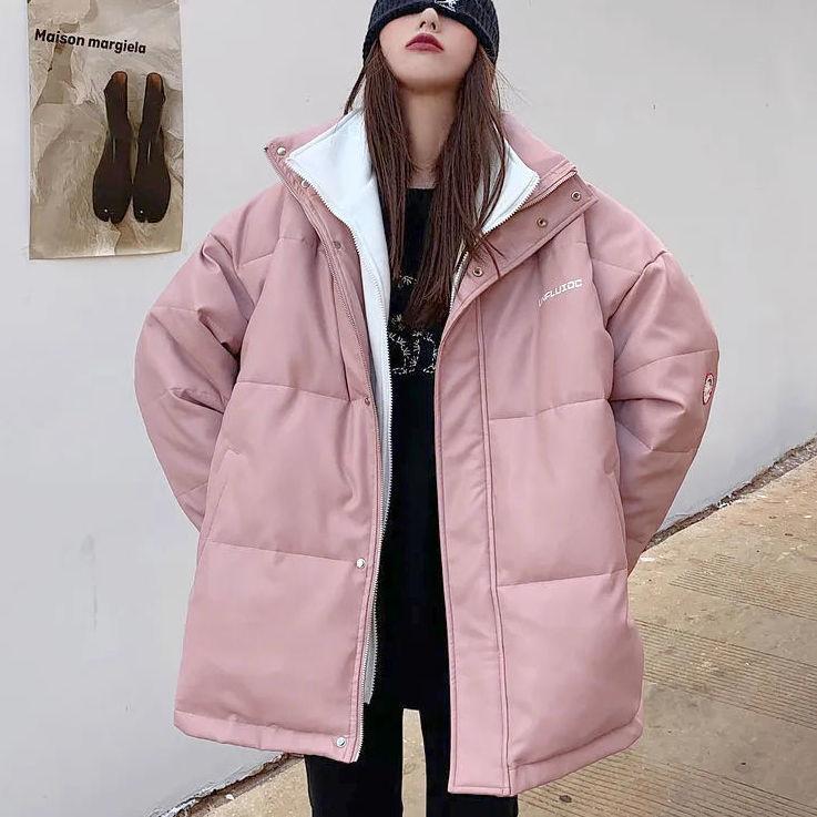 Winter Thickened PU Leather Padded Jacket Women's Loose Warmth and Windproof Hooded Bread Jacket Winter Thickened Warmth Padded Jacket