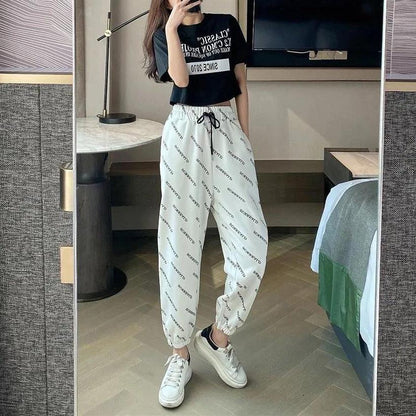 Women Summer Thin Long Pants Vintage Loose Letter Pattern Printed Sport Knickerbockers Versatile Elastic Waist Jogger Pants