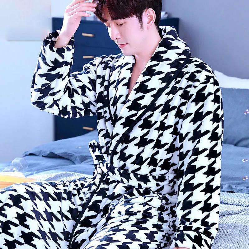 Men Large Size Home Clothes Pajamas G Chain Print Robe Coat Absorbent and Quick-drying Bathrobe Long