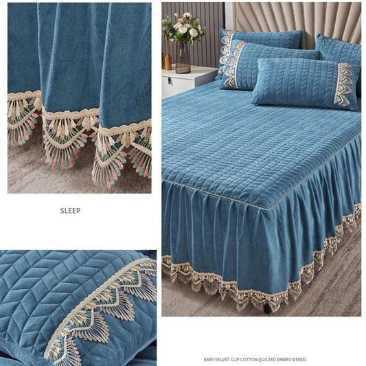 Anti-skid Warm bed skirt Thickened Winter Bedding Skirt Crystal Velvet Bed Skirt Pillowcases Three-piece Set