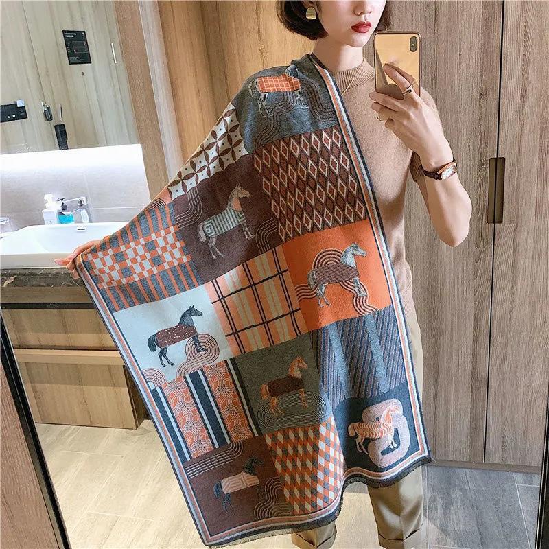 Winter Women's Cashmere Scarf Double-sided Printing Oversized Shawl Lengthened Thick Scarf Shawl