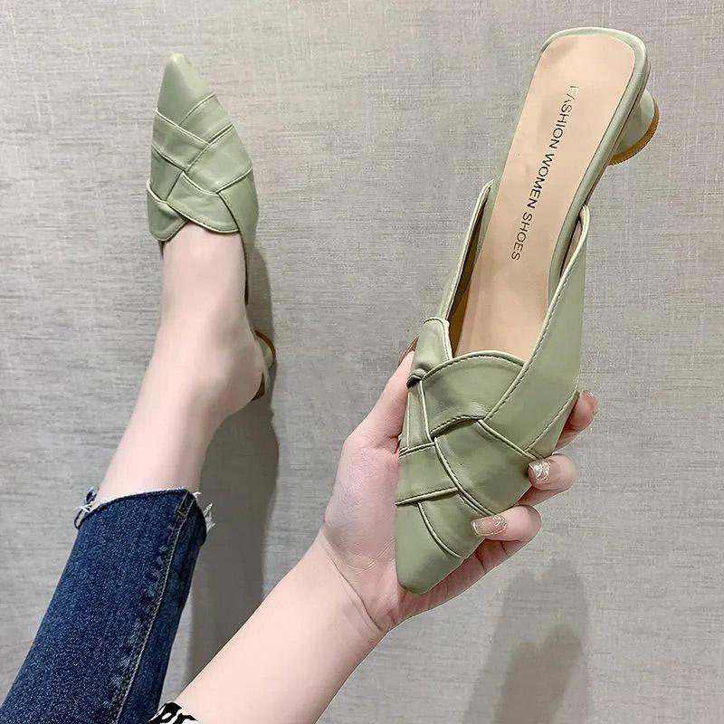 Low-heeled Baotou Half-slippers Women's Summer All-match Lazy Fashion Outer Wear Thick-heeled Pointed-toe Sandals and Slippers