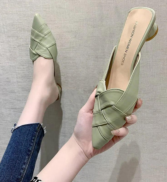 Low-heeled Baotou Half-slippers Women's Summer All-match Lazy Fashion Outer Wear Thick-heeled Pointed-toe Sandals and Slippers