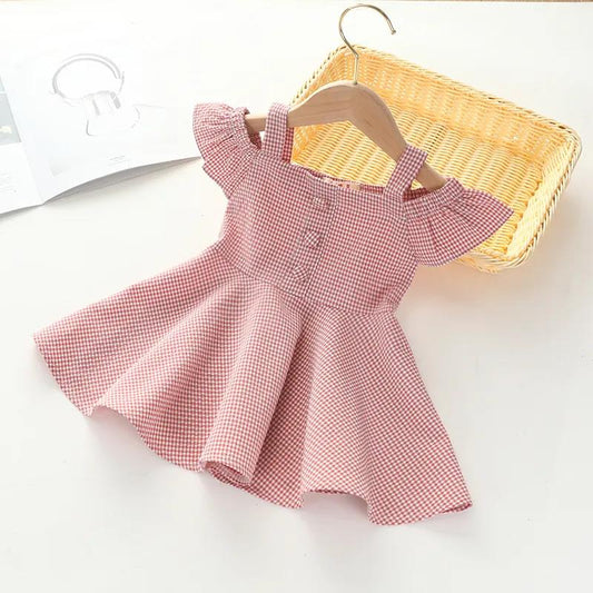 Girls Dress Solid Color Summer Children's Plaid Princess Skirt Baby Cute Skirt Suspenders Lotus Leaf Sleeve Princess Skirt A-line Skirt