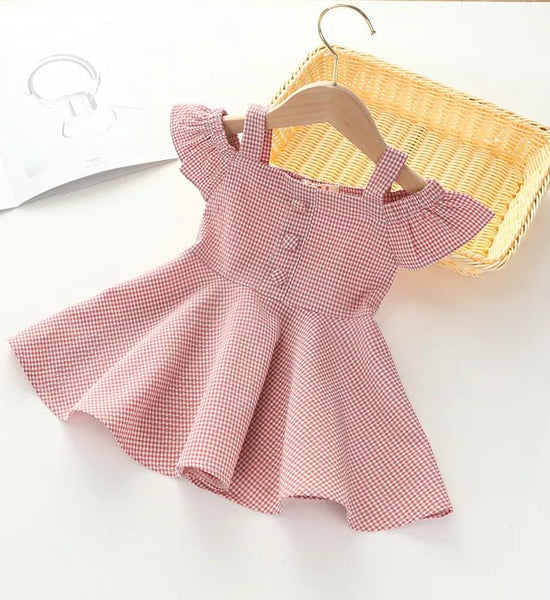 Girls Dress Solid Color Summer Children's Plaid Princess Skirt Baby Cute Skirt Suspenders Lotus Leaf Sleeve Princess Skirt A-line Skirt