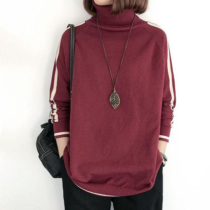 Turtleneck Sweater Women Loose Mid-length Pullover Large Size Color-blocking Sweater Autumn and Winter Long-sleeved Sweater