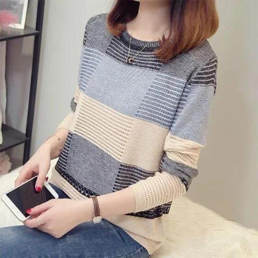 Thin Hollow Knit Sweater Spring Women's Autumn Top Colorblock Loose Striped Long Sleeve Bottoming Short Section