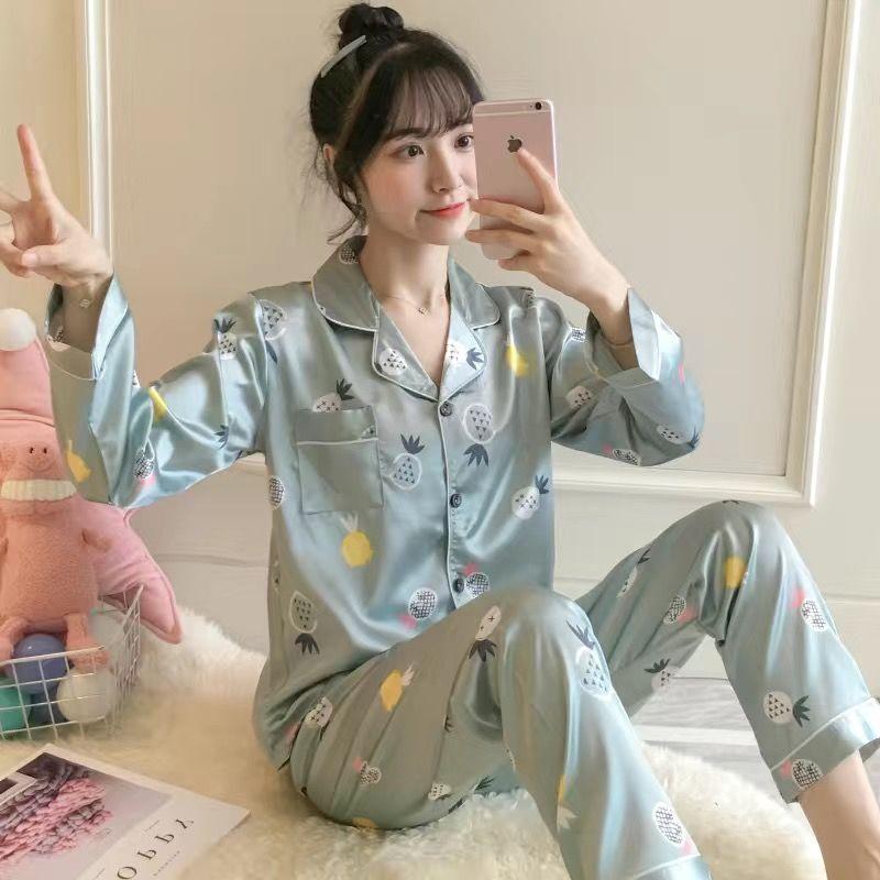 Ice Silk Long-sleeved Thin Women's Pajamas Sexy Korean Style Cute Spring and Summer Plus Size Two-piece Suit