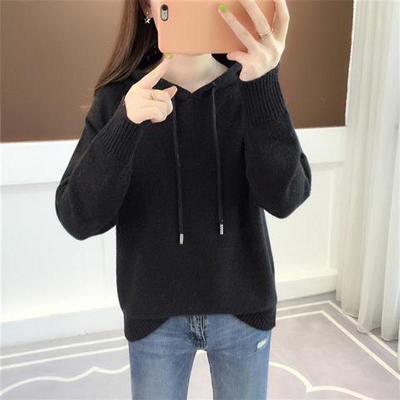 Spring and Autumn Hooded Jacket Loose Short Knitted Sweater Solid Color Long Sleeve Women's Top