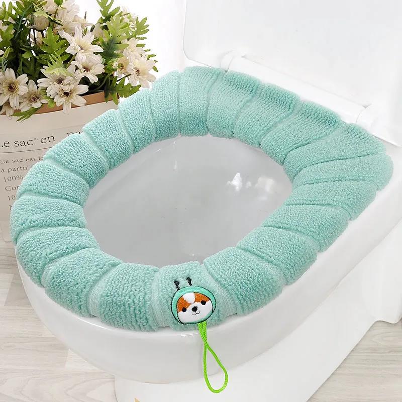 Winter Warm Toilet Seat Cover Closestool Mat 4Pcs Washable Bathroom Accessories Knitting Pure Color Soft O-shape Pad Bidet Cover