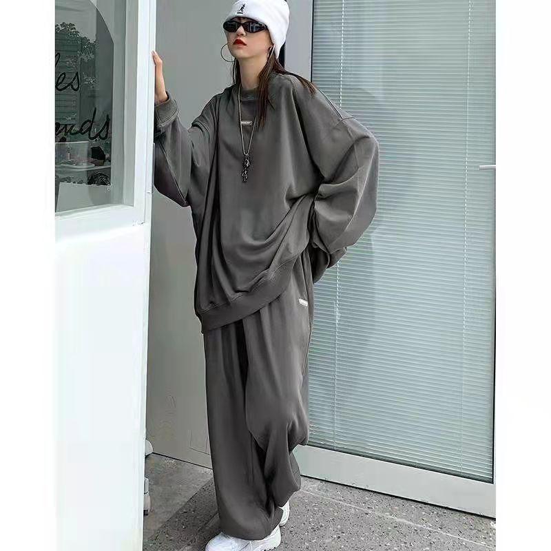 2PCS Ladies Spring and Autumn Grey Sports Suit Black Casual Pants Sweater Loose Two Piece Set Athletic Girl Jogging Suits Track Suit