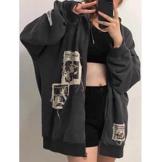 Retro Oversize Jacket Women's Spring and Autumn Loose Lazy Style Cardigan Hooded Couple Sweater Ins Personalized Print Patch Casual Zipper Jacket