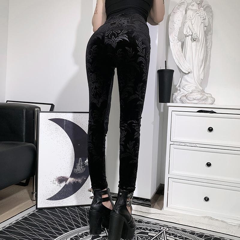 Dark Gothic Slim Fleece Legging Women Sexy Black Suede Embossing Long Skinny Legging Goth Indie Big Flower Printed Bottoms