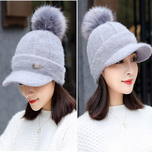 Winter Plus Velvet Knitted Hat Korean Fashion Fur Ball Warm Cap Thick Rabbit Fur Wool Hat for Women