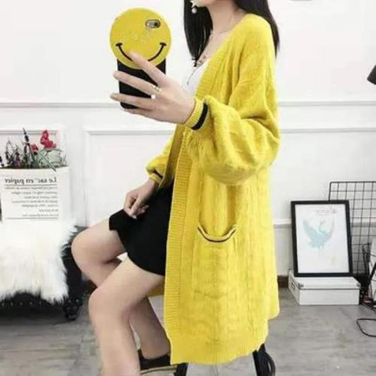 Mid-length Spring and Autumn Women's Loose Long-sleeved Warm Knitted Cardigan Women's Sweater Coat Lazy Style Sweater Cardigan Coat