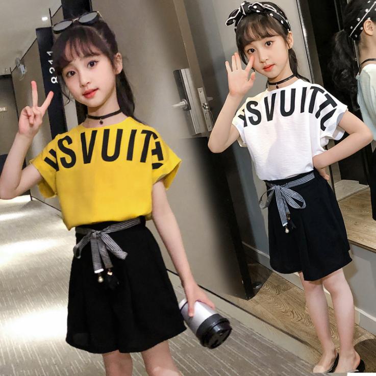 Girls' Children's Printed Letter Short Sleeve Suit Summer Girls' Korean Students' Shorts Two Pieces Set