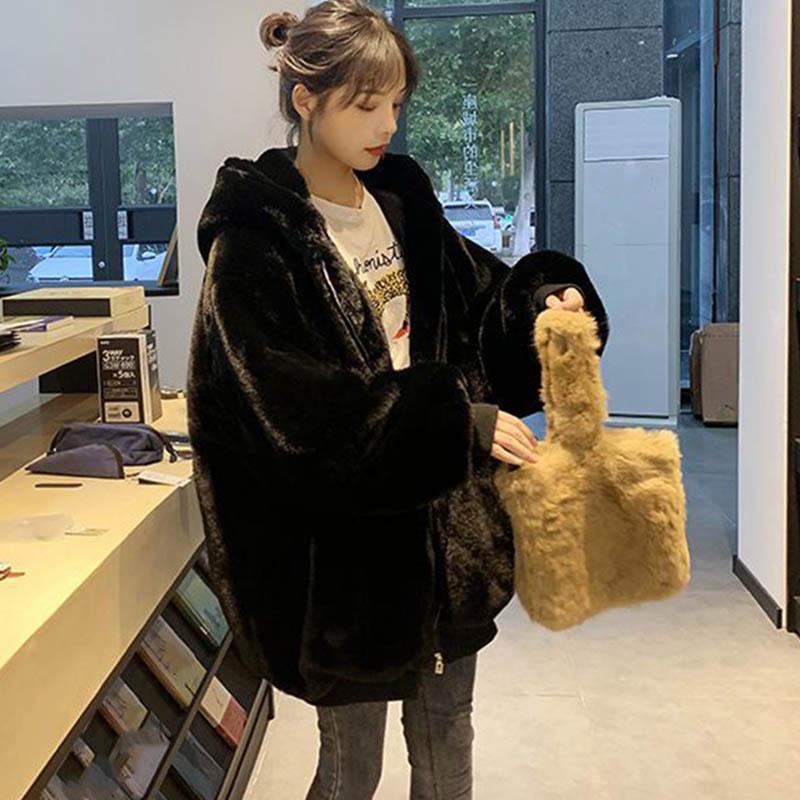 Korean Version of Loose Plush Coat Women's Winter Rex Rabbit Fur Padded Hooded Coat