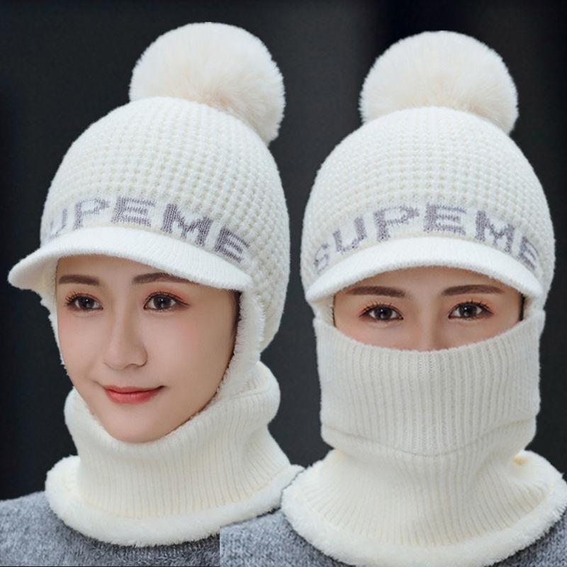 Hat Women's Winter Warmth and Thickened Cycling Wool Knitted Hat All-match Cold-proof Plus Velvet Outdoor One-piece Hat